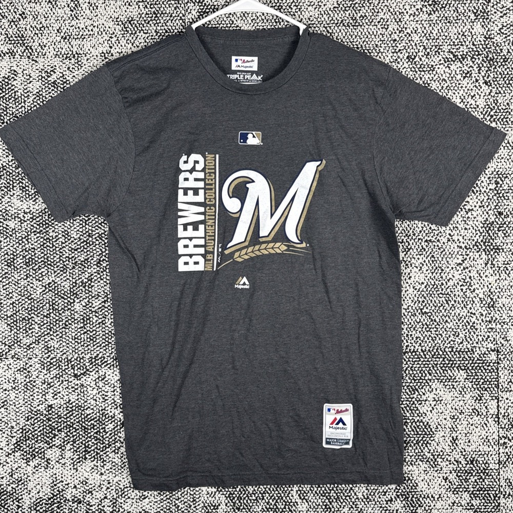 Majestic T Shirt Mens Large‎ Milwaukee Brewers MLB Authentic Cotton Blend Gray
